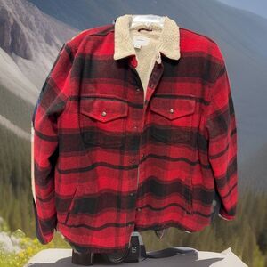 Retro Old Navy Mens XXL Red Black Buffalo Plaid Wool Blend Sherpa Lined BarnCoat